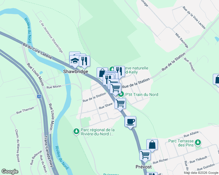 map of restaurants, bars, coffee shops, grocery stores, and more near 3029 Boulevard du Curé-Labelle in Prévost
