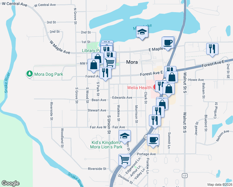 map of restaurants, bars, coffee shops, grocery stores, and more near 201 Howe Avenue in Mora