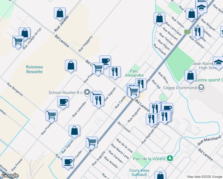 map of restaurants, bars, coffee shops, grocery stores, and more near 2080 Rue Sigouin in Drummondville