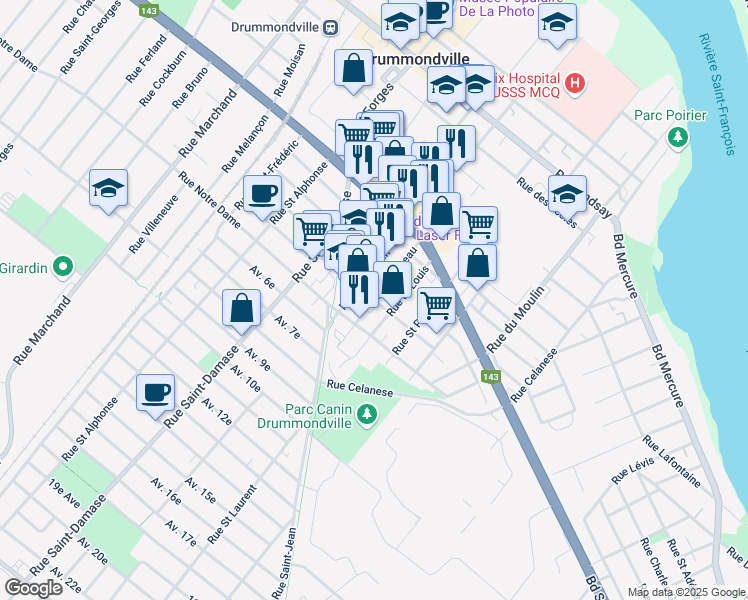 map of restaurants, bars, coffee shops, grocery stores, and more near Rue Manseau in Drummondville