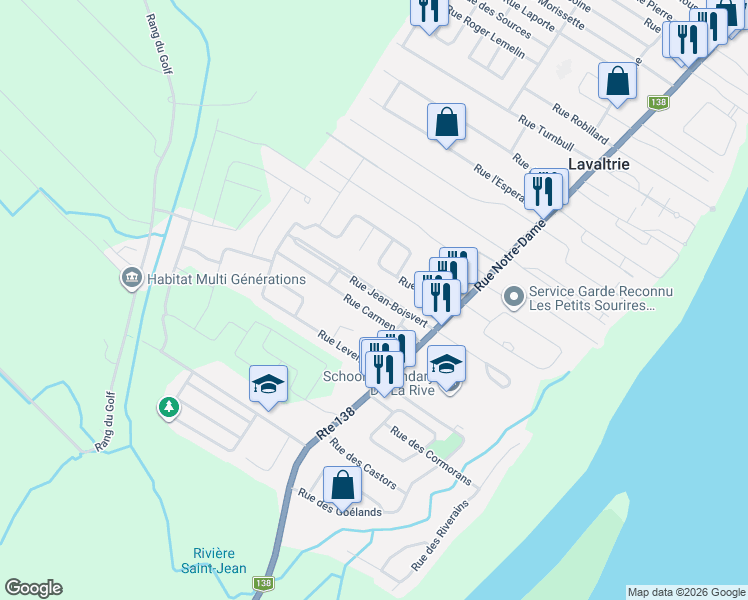 map of restaurants, bars, coffee shops, grocery stores, and more near 35 Rue Jean-Boisvert in Lavaltrie