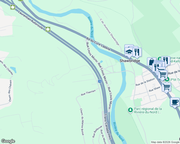 map of restaurants, bars, coffee shops, grocery stores, and more near 1173 Montée Sainte-Thérèse in Prévost