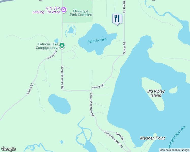 map of restaurants, bars, coffee shops, grocery stores, and more near 8430 Grant Road in Minocqua