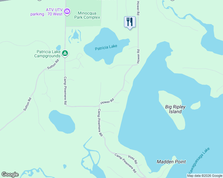 map of restaurants, bars, coffee shops, grocery stores, and more near 8430 Grant Road in Minocqua