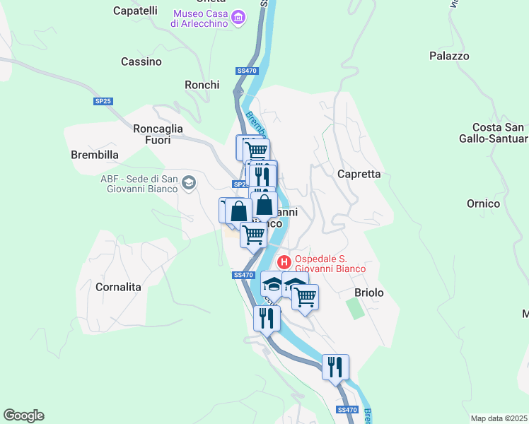 map of restaurants, bars, coffee shops, grocery stores, and more near 3 SS470 in San Giovanni Bianco
