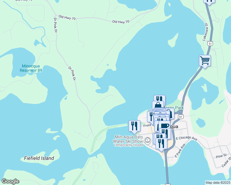 map of restaurants, bars, coffee shops, grocery stores, and more near 9700 Island City Point Road in Minocqua