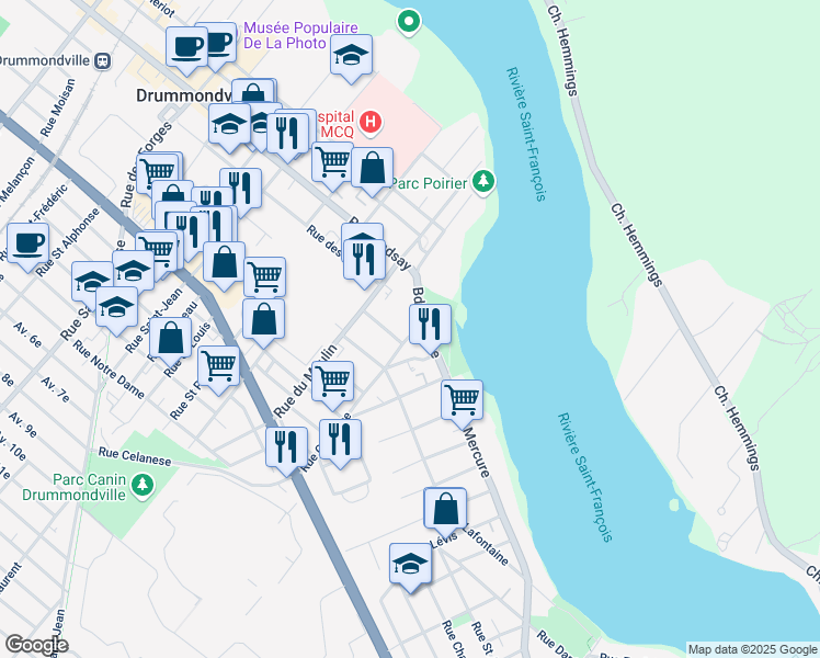 map of restaurants, bars, coffee shops, grocery stores, and more near 211 Rue Celanese in Drummondville