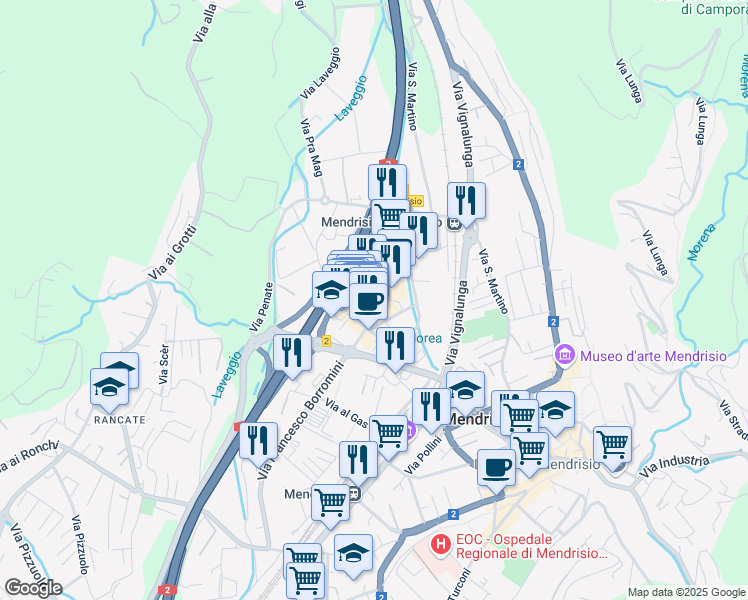 map of restaurants, bars, coffee shops, grocery stores, and more near 18 Via Angelo Maspoli in Mendrisio