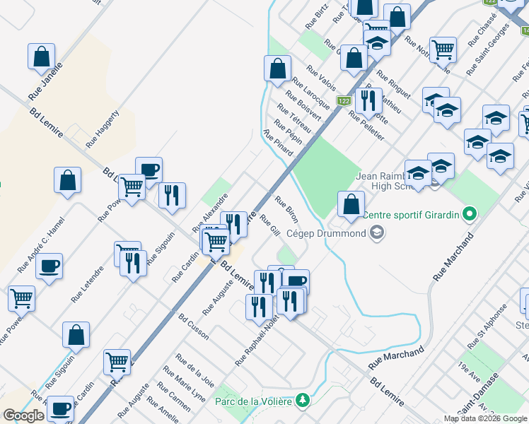 map of restaurants, bars, coffee shops, grocery stores, and more near 912 Rue Saint Pierre in Drummondville