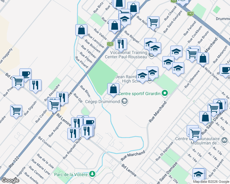 map of restaurants, bars, coffee shops, grocery stores, and more near 905 Rue Saint-Georges in Drummondville