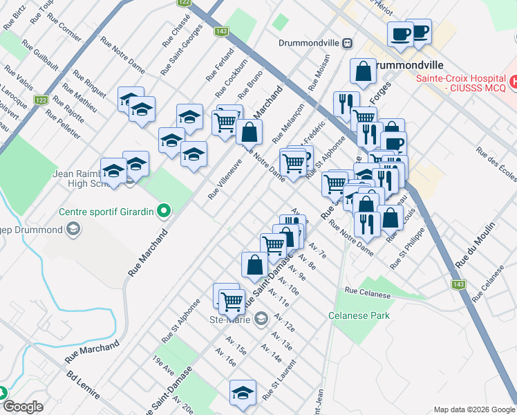 map of restaurants, bars, coffee shops, grocery stores, and more near 14 Avenue 7e in Drummondville