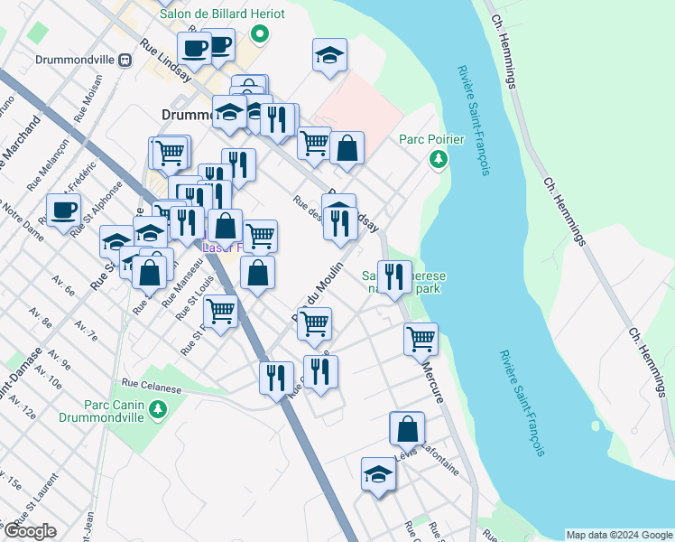 map of restaurants, bars, coffee shops, grocery stores, and more near 252 Rue du Moulin in Drummondville