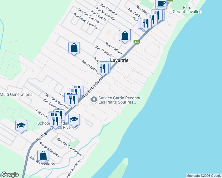 map of restaurants, bars, coffee shops, grocery stores, and more near 70 Tsse Hétu in Lavaltrie