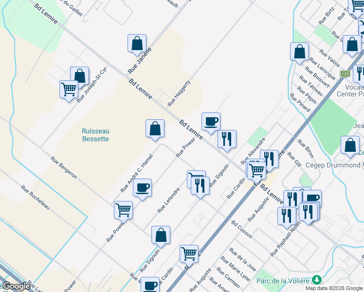 map of restaurants, bars, coffee shops, grocery stores, and more near 2050 Rue Power in Drummondville