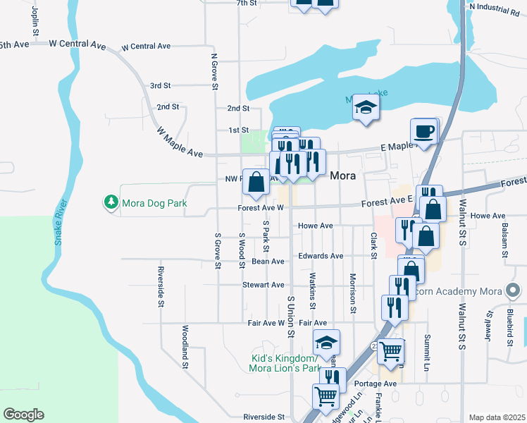 map of restaurants, bars, coffee shops, grocery stores, and more near 207 Forest Avenue East in Mora