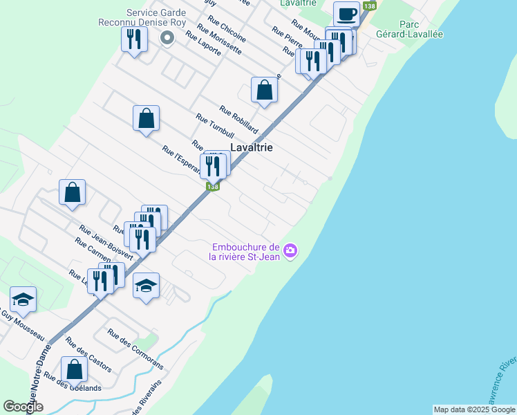 map of restaurants, bars, coffee shops, grocery stores, and more near 70 Rue de la Plage in Lavaltrie