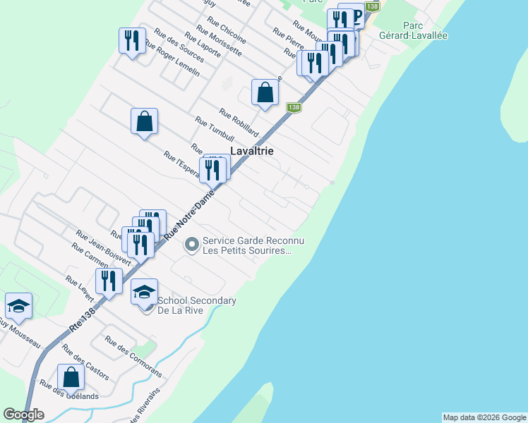 map of restaurants, bars, coffee shops, grocery stores, and more near Rue de la Plage in Lavaltrie