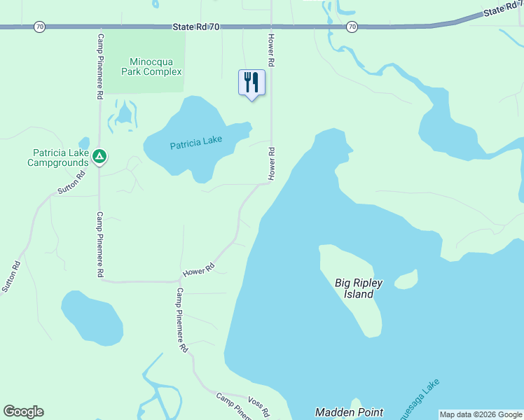 map of restaurants, bars, coffee shops, grocery stores, and more near 8512 Hower Road in Minocqua