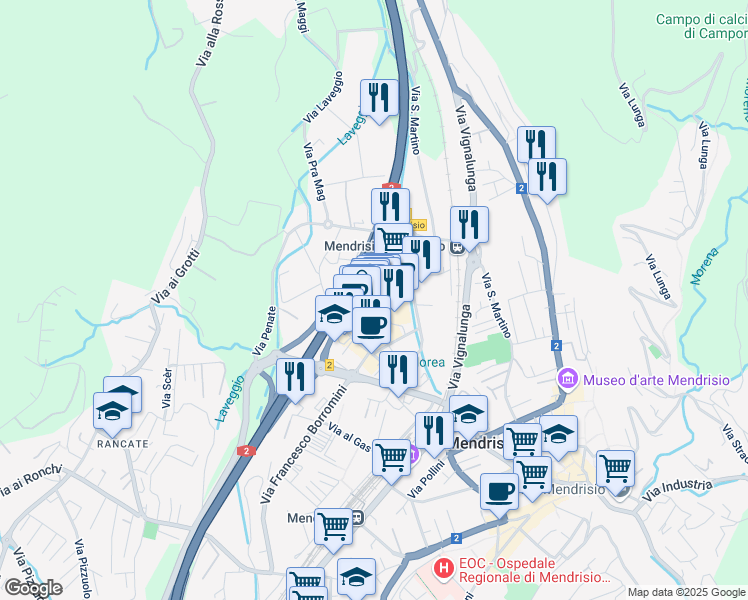 map of restaurants, bars, coffee shops, grocery stores, and more near 18 Via Angelo Maspoli in Mendrisio