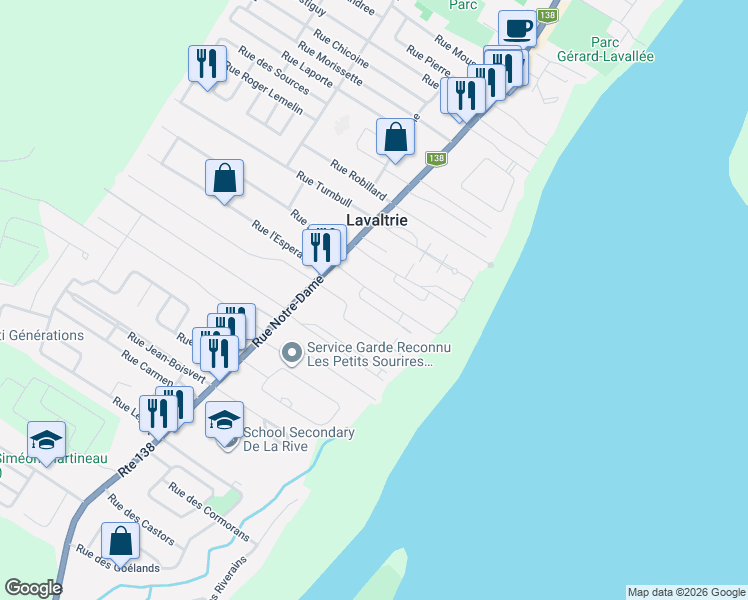 map of restaurants, bars, coffee shops, grocery stores, and more near 44 Rue de la Plage in Lavaltrie