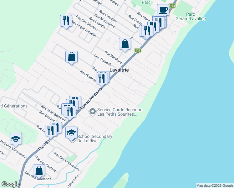 map of restaurants, bars, coffee shops, grocery stores, and more near 40 Rue de la Plage in Lavaltrie