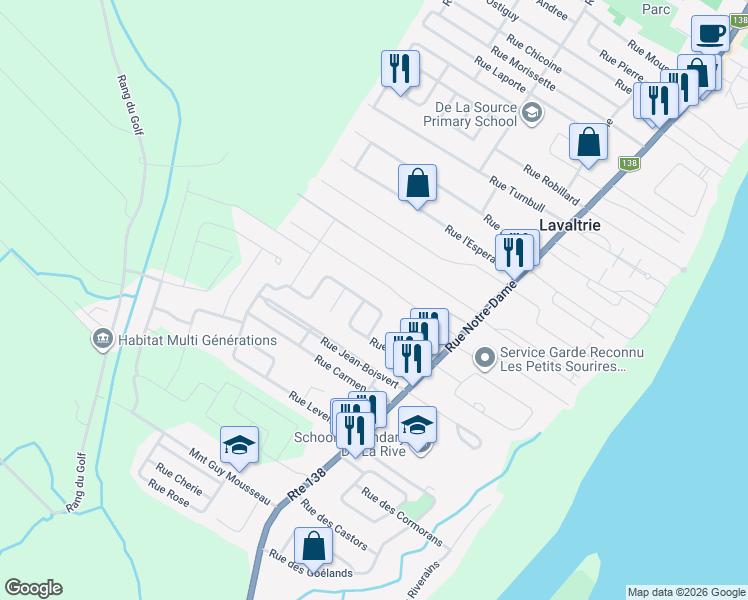map of restaurants, bars, coffee shops, grocery stores, and more near 182 Rue de la Sapinière in Lavaltrie