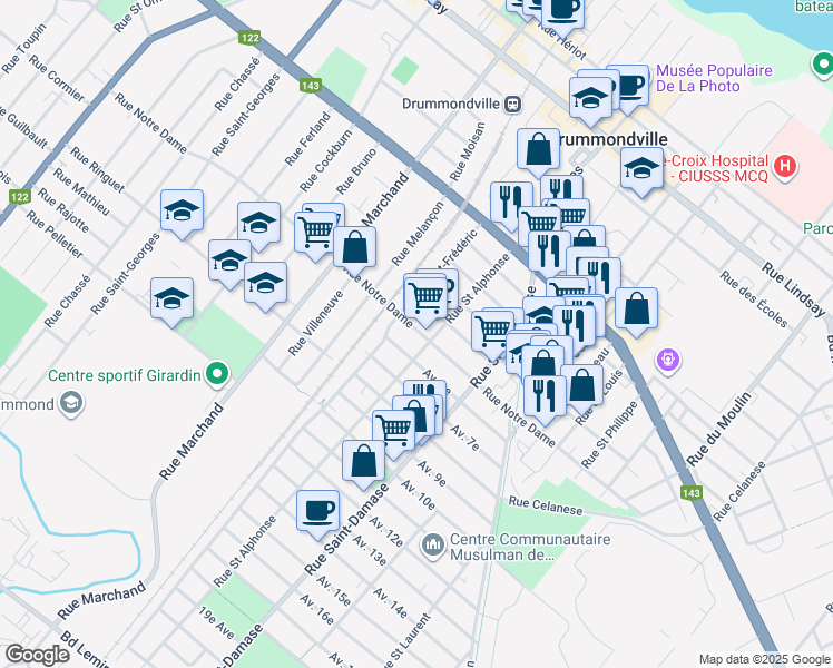 map of restaurants, bars, coffee shops, grocery stores, and more near 333 Rue Notre Dame in Drummondville
