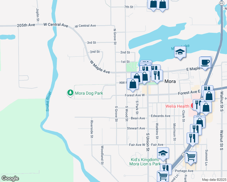 map of restaurants, bars, coffee shops, grocery stores, and more near 119 South Grove Street in Mora