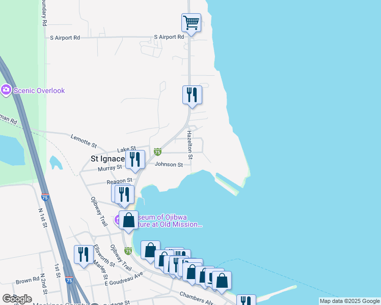 map of restaurants, bars, coffee shops, grocery stores, and more near 101 Stockbridge Street in St. Ignace