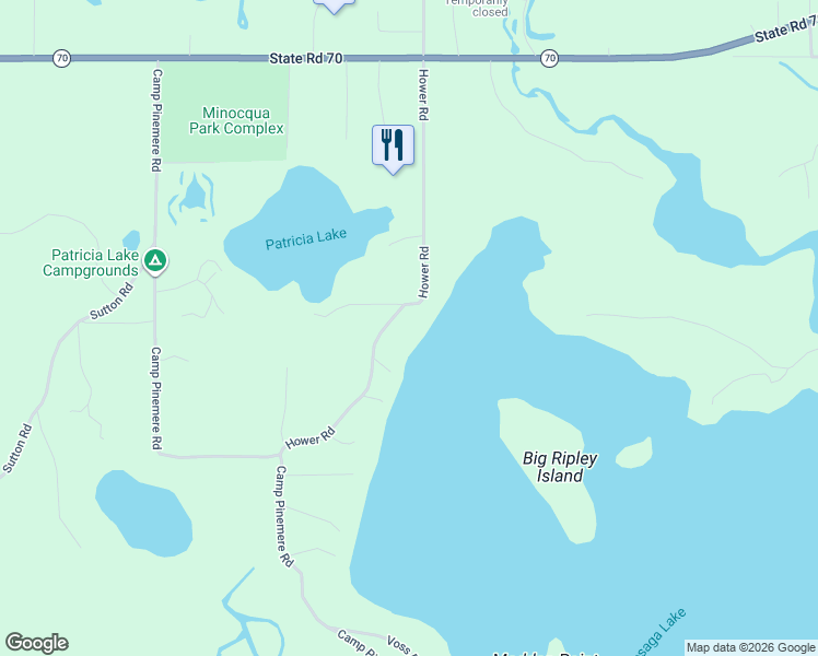 map of restaurants, bars, coffee shops, grocery stores, and more near 8512 Hower Road in Minocqua
