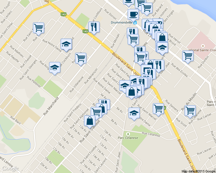 map of restaurants, bars, coffee shops, grocery stores, and more near 112 Rue Saint Alphonse in Drummondville