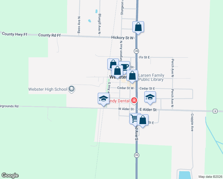 map of restaurants, bars, coffee shops, grocery stores, and more near 7473 Cedar Street West in Webster