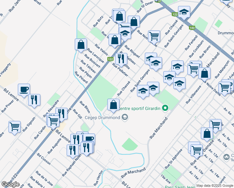 map of restaurants, bars, coffee shops, grocery stores, and more near 897 Rue Chassé in Drummondville