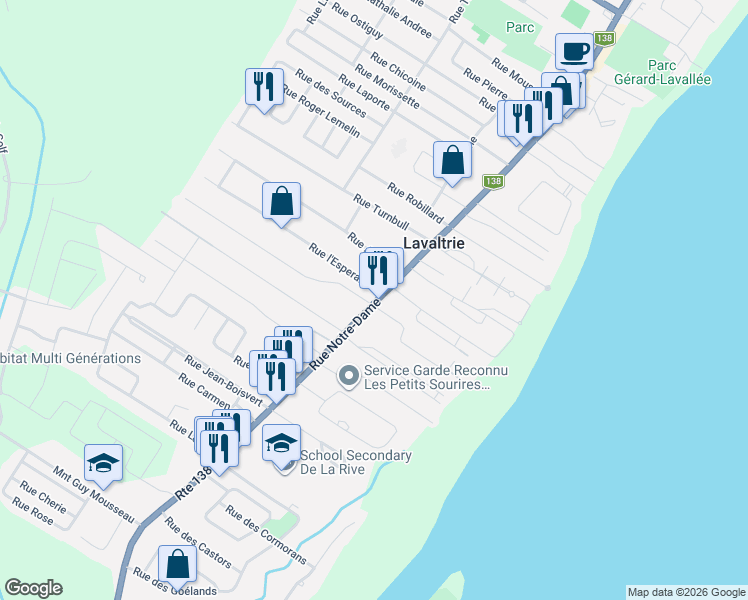 map of restaurants, bars, coffee shops, grocery stores, and more near 811 Rue Notre Dame in Lavaltrie