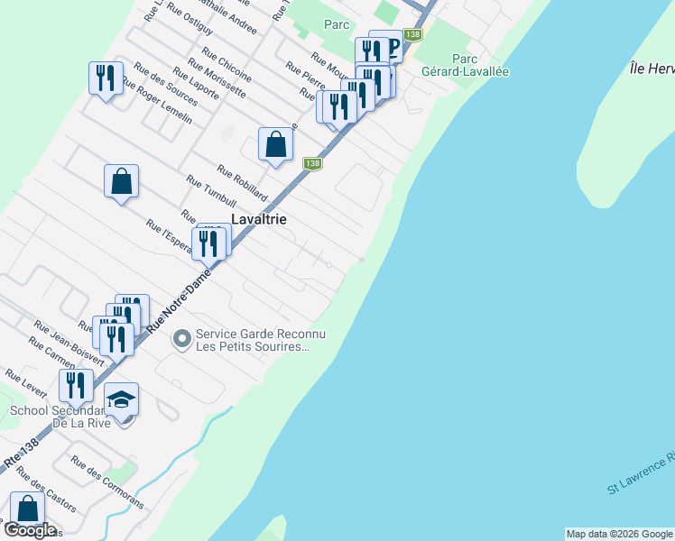 map of restaurants, bars, coffee shops, grocery stores, and more near 721 Terrasse Turnbull in Lavaltrie