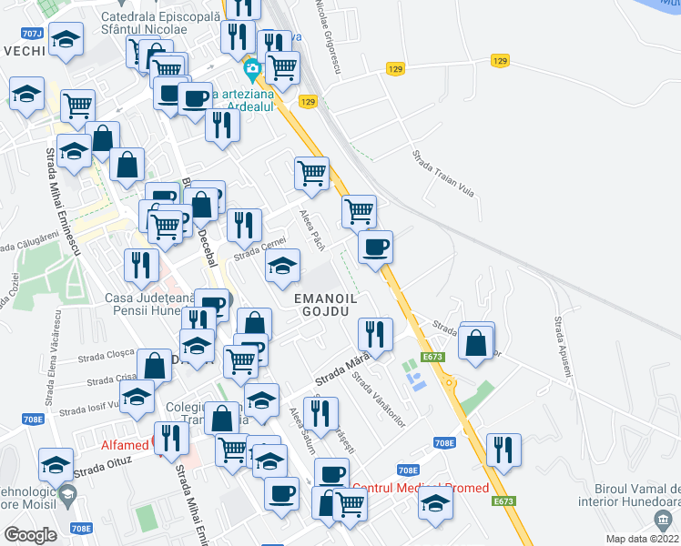 map of restaurants, bars, coffee shops, grocery stores, and more near Aleea Păcii in Deva