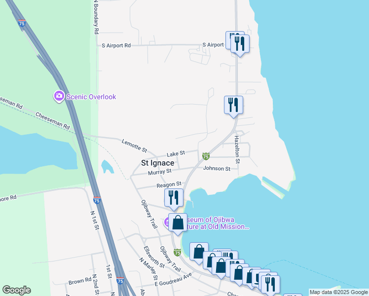 map of restaurants, bars, coffee shops, grocery stores, and more near 201 Lake Street in Saint Ignace
