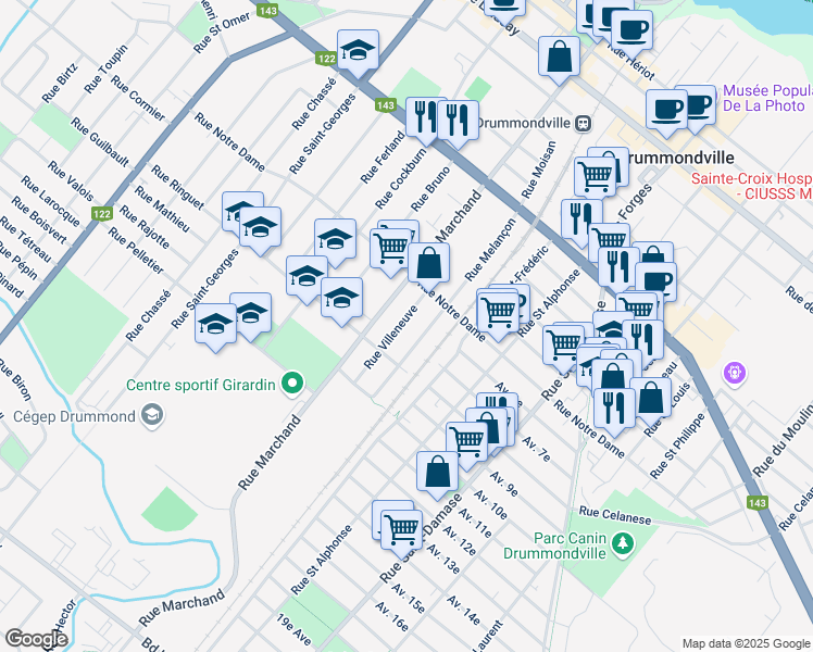 map of restaurants, bars, coffee shops, grocery stores, and more near 333 Rue Moisan in Drummondville