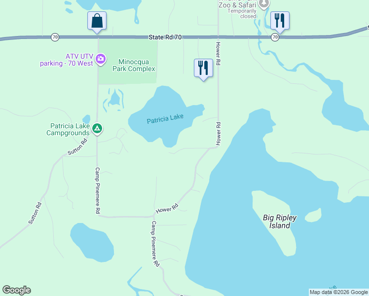 map of restaurants, bars, coffee shops, grocery stores, and more near 10180 Patricia Lake Lane in Minocqua