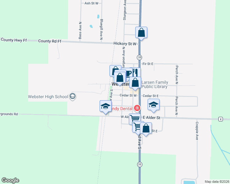 map of restaurants, bars, coffee shops, grocery stores, and more near 7473 Cedar Street West in Webster
