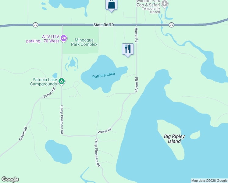 map of restaurants, bars, coffee shops, grocery stores, and more near 10180 Patricia Lake Lane in Minocqua