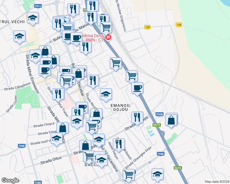map of restaurants, bars, coffee shops, grocery stores, and more near Aleea Păcii in Deva