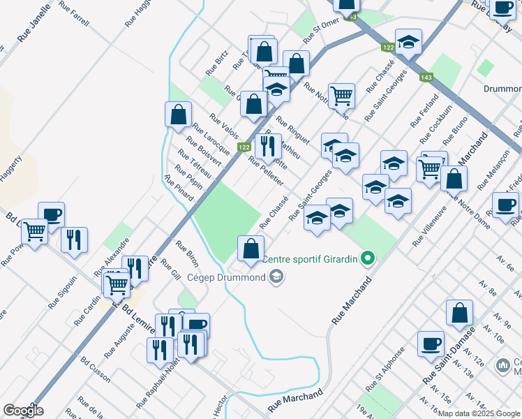 map of restaurants, bars, coffee shops, grocery stores, and more near 850 Rue Faucher in Drummondville
