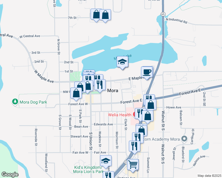 map of restaurants, bars, coffee shops, grocery stores, and more near 18 North Vine Street in Mora