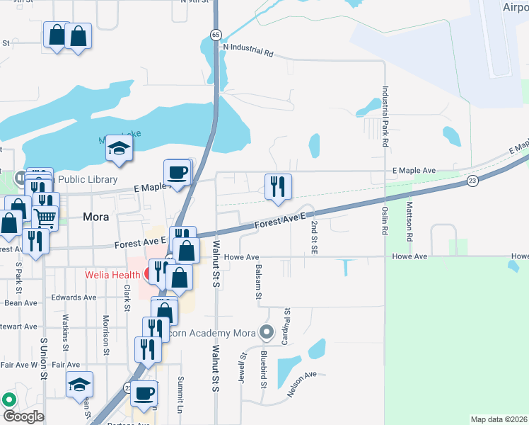map of restaurants, bars, coffee shops, grocery stores, and more near 850 Forest Avenue East in Mora