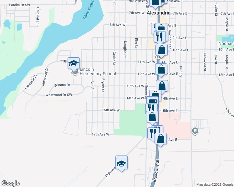 map of restaurants, bars, coffee shops, grocery stores, and more near 1307 Cedar Street in Alexandria