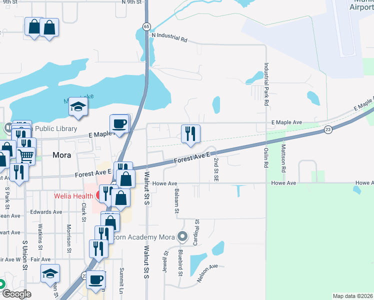 map of restaurants, bars, coffee shops, grocery stores, and more near 850 Forest Avenue East in Mora