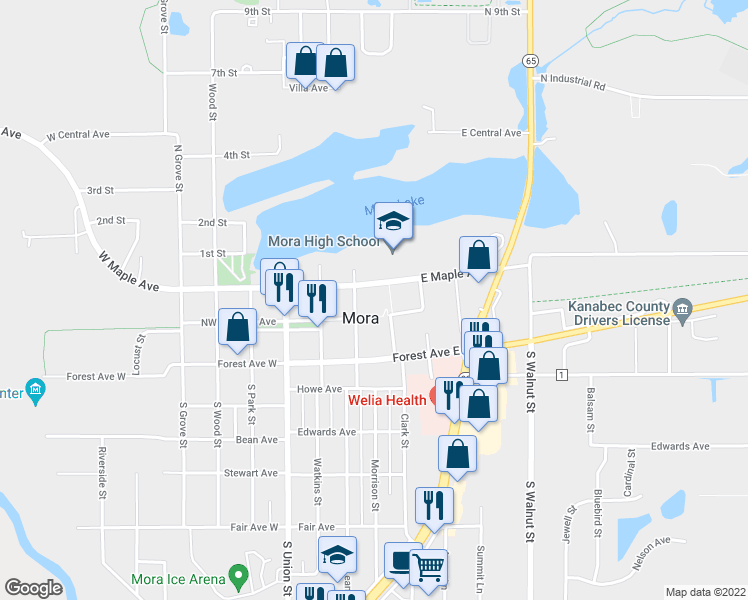 map of restaurants, bars, coffee shops, grocery stores, and more near 18 North Vine Street in Mora