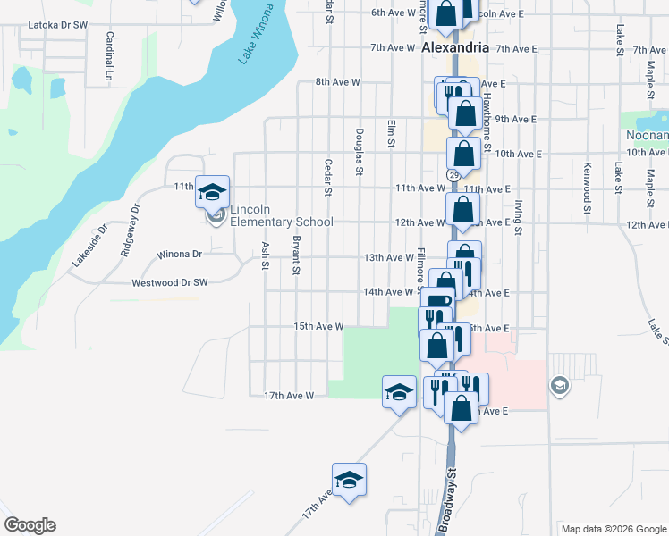 map of restaurants, bars, coffee shops, grocery stores, and more near 1307 Cedar Street in Alexandria