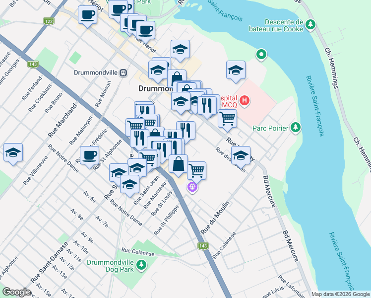 map of restaurants, bars, coffee shops, grocery stores, and more near 258 Rue Saint-Jean in Drummondville